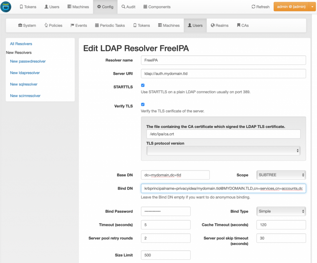 Screenshot of FreeIPA LDAP Resolver in FreeIPA - Connection Details